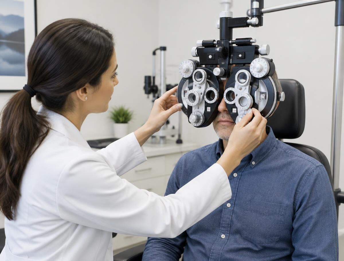 Optometrista ajustando un foróptero durante un examen de la vista (imagen ilustrativa)