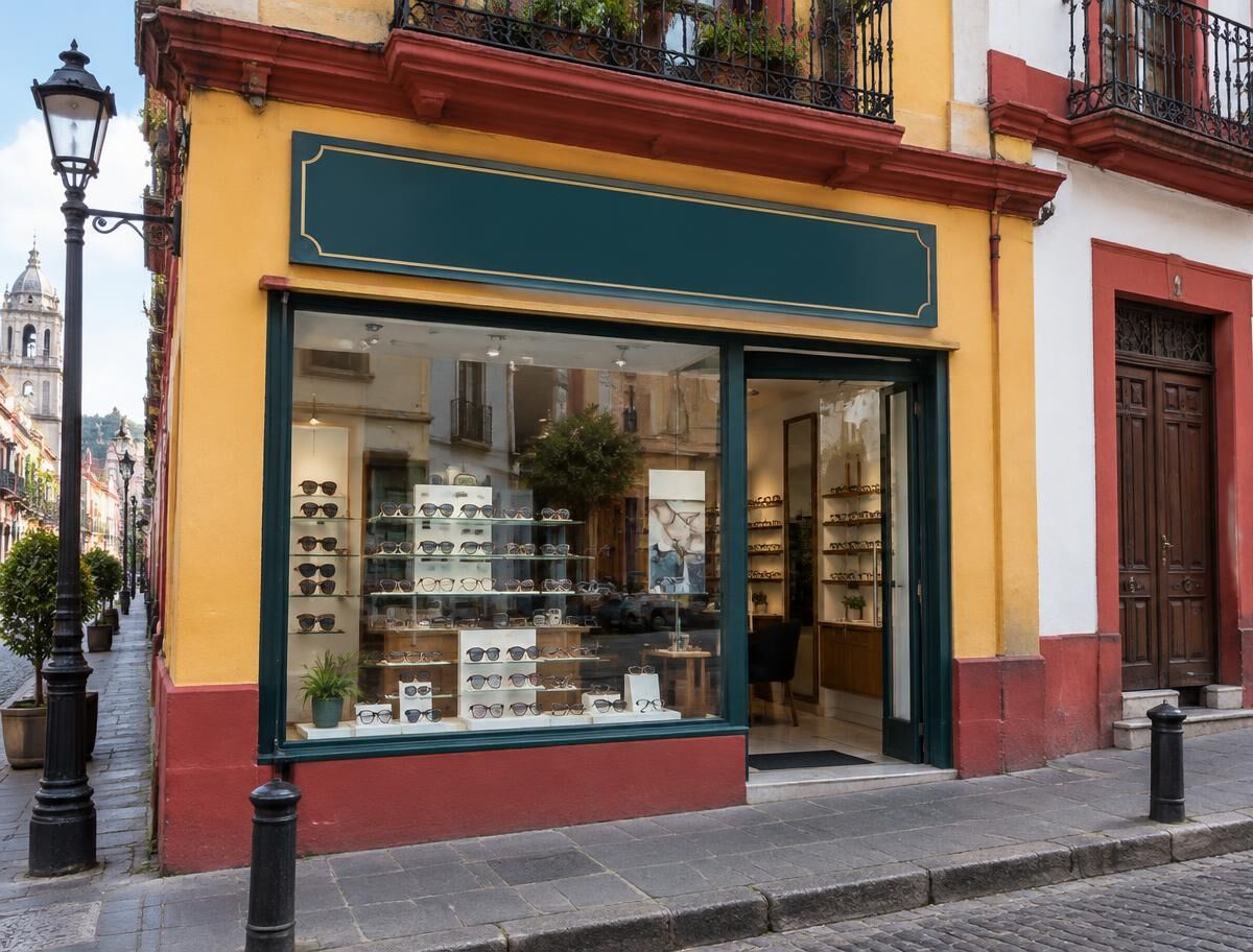 Fachada de una óptica en una calle del centro histórico con aparador de lentes (imagen ilustrativa)